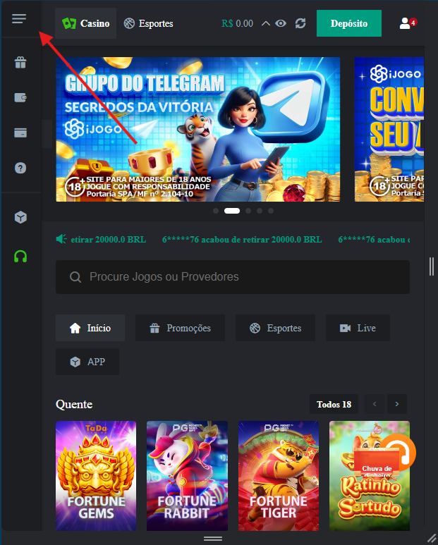 Abrir menu com três traços