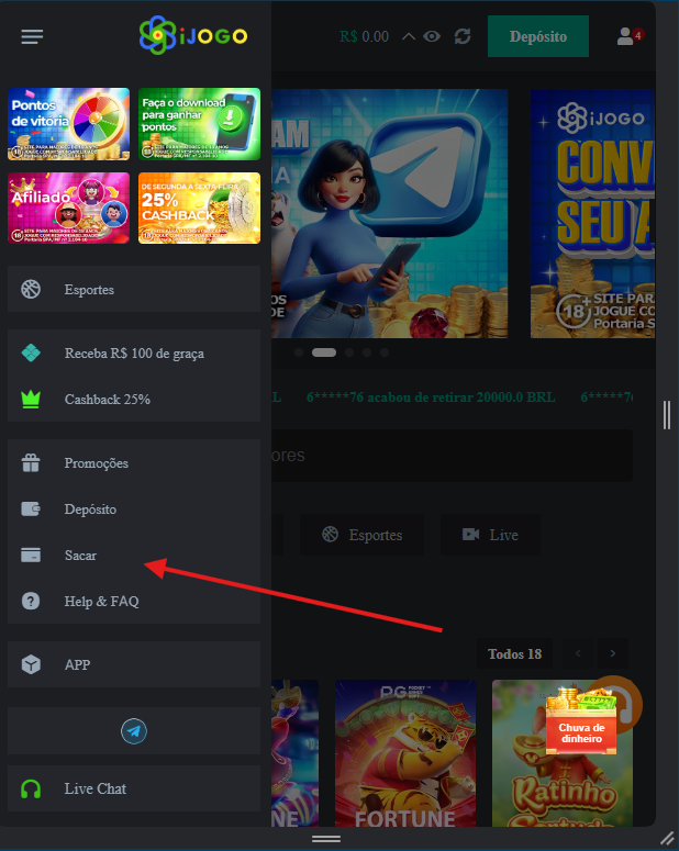 Opção para sacar