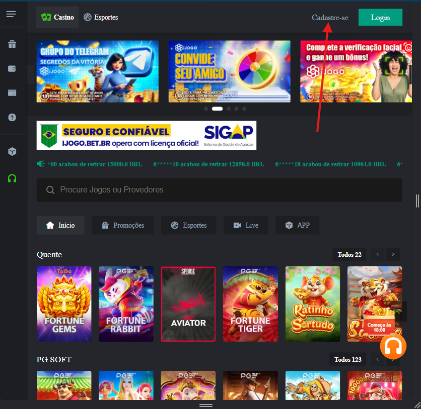 Seta mostrando a onde se cadastrar